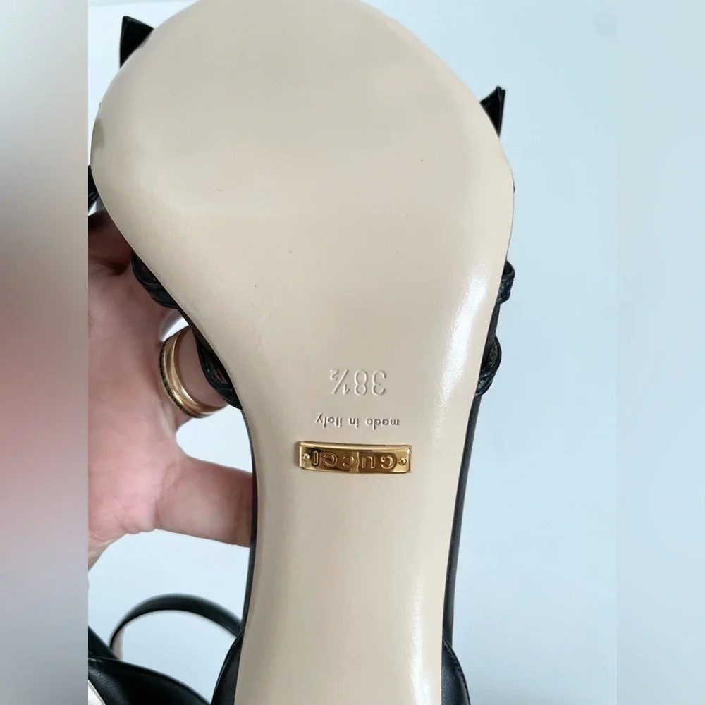 Gucci Black Nappa Leather Charlotte Queen Margaret bee embellished heels EU 38.5 - Picture 9 of 10